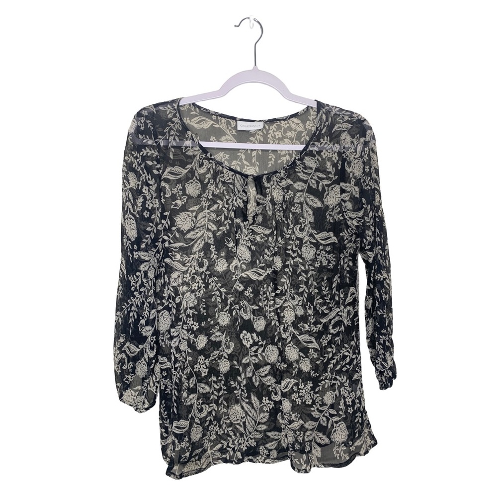 Charter Club B&W Floral Sheer Blouse 3 quarter sleeves & one button open at neck